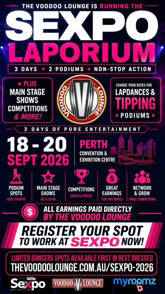 Poster for Sexpo 2026: The Voodoo Lounge, running 18–20 Sept at Perth Convention & Exhibition Centre; promotes main stage shows, competitions, and tipping pods with neon pink accents.